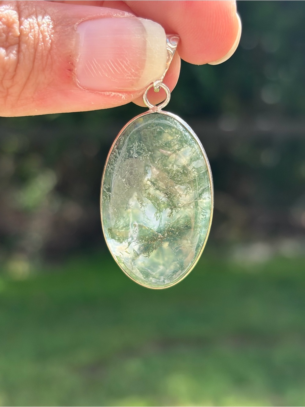 Sterling Silver Green Moss Agate Oval Pendant